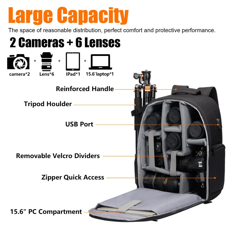 CADeN Camera Backpack Bag with Laptop Compartment 15.6" for DSLR/SLR Mirrorless Camera Waterproof, Camera Case Compatible for Sony Canon Nikon Camera and Lens Tripod Accessories Black - Image 2